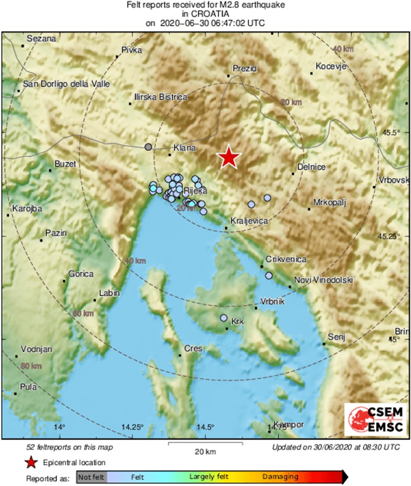 Potres magnitude 2.7 jutros zabilježen sjeverno od Rijeke